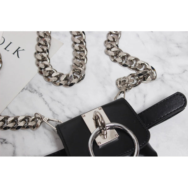 Gothic Chain Strap O-Ring Faux Leather Mini Belt Bag