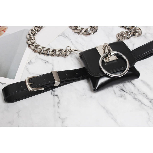 Gothic Chain Strap O-Ring Faux Leather Mini Belt Bag