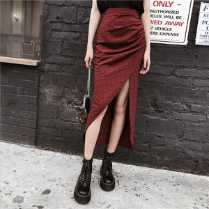 Gothic Grunge Plaid Asymmetrical Long Skirt