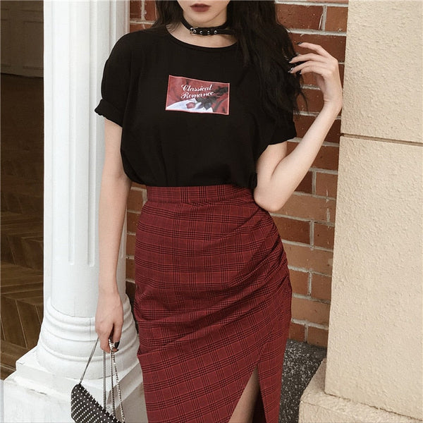 Gothic Grunge Plaid Asymmetrical Long Skirt