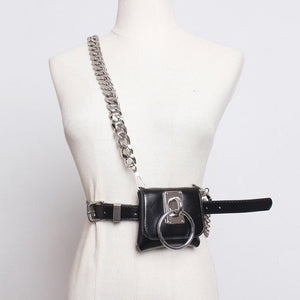 Gothic Chain Strap O-Ring Faux Leather Mini Belt Bag