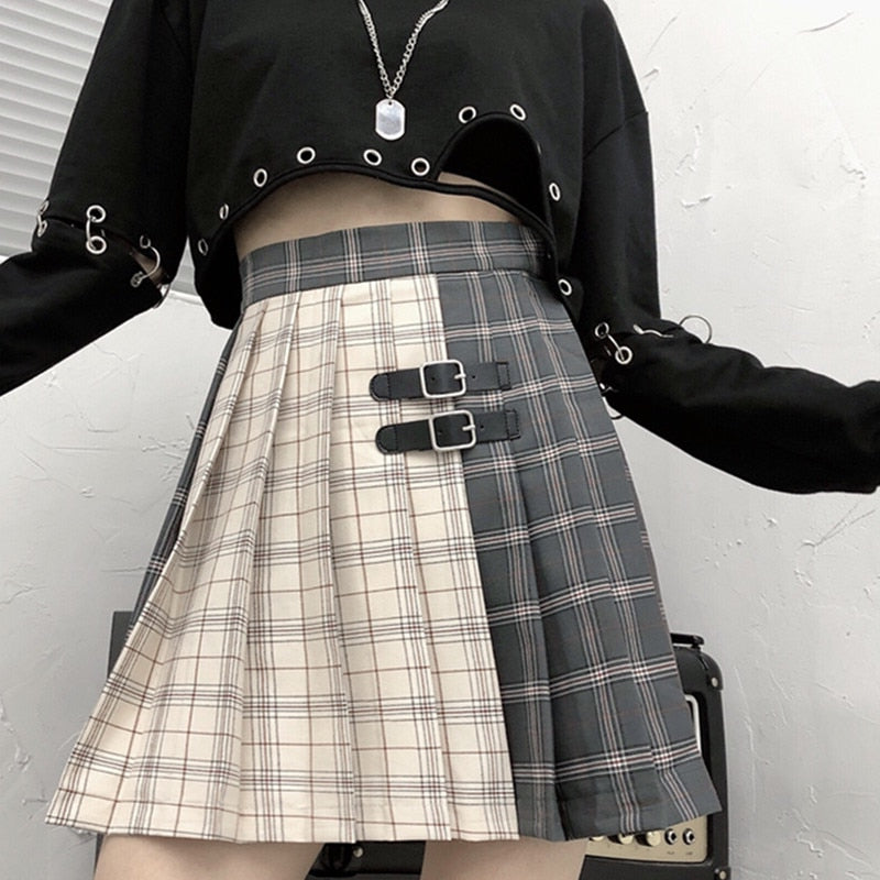 Gothic Grunge Two Tone Double Buckle Pleated Plaid Mini Skirt