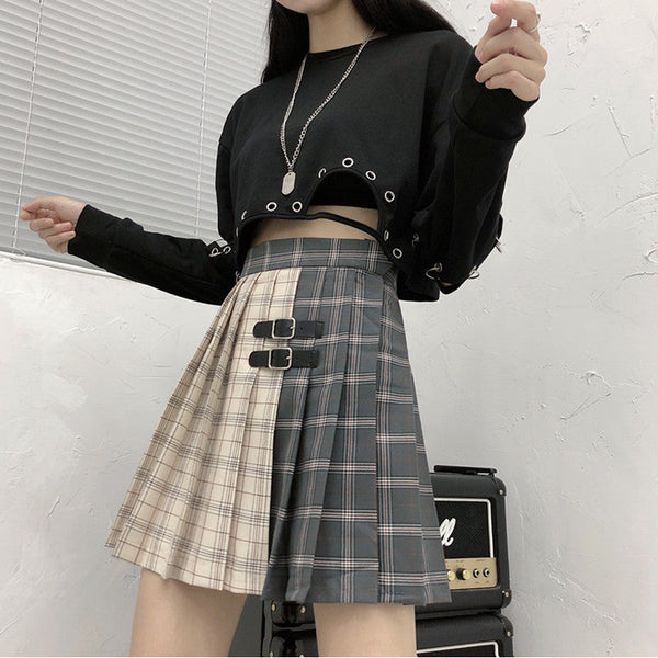 Gothic Grunge Two Tone Double Buckle Pleated Plaid Mini Skirt