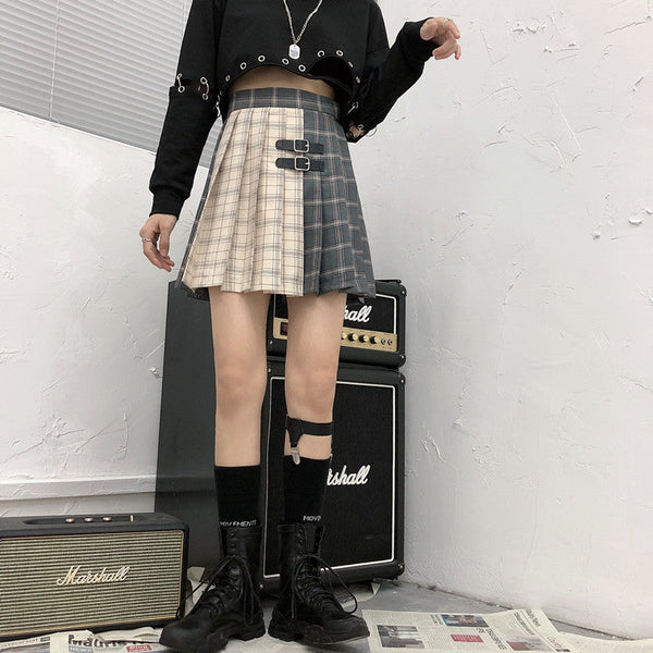 Gothic Grunge Two Tone Double Buckle Pleated Plaid Mini Skirt