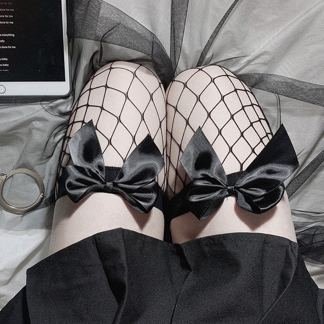 Gothic Bow Over The Knee Fishnet Stockings