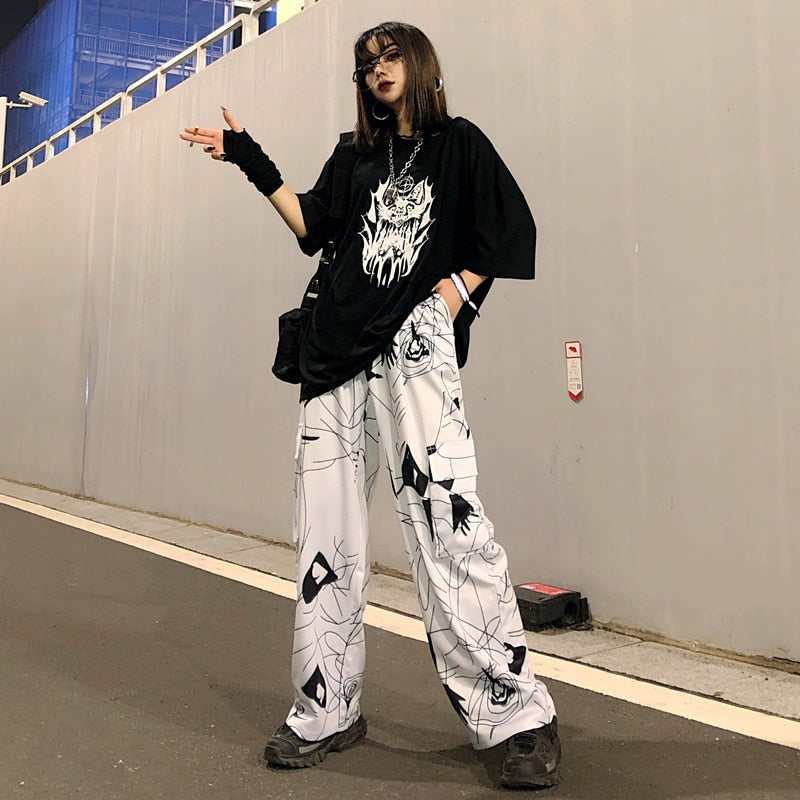 Harajuku Elastic Waist Hit Color Big Pocket Pants