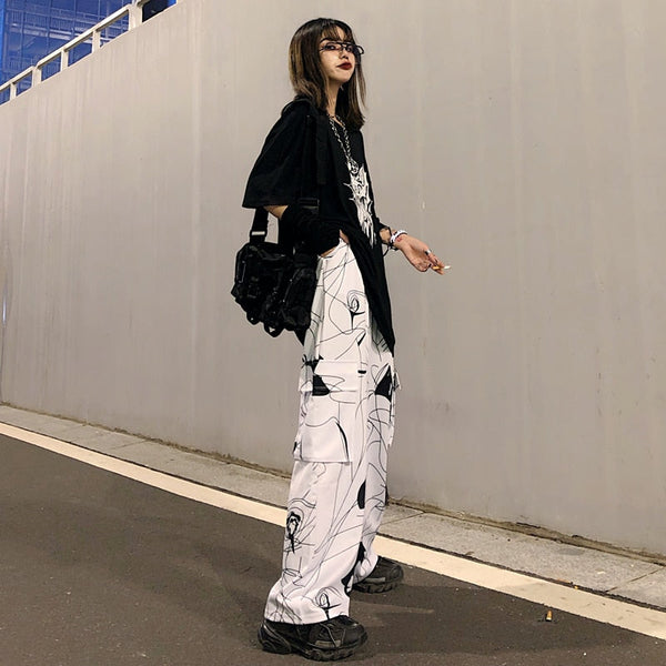 Harajuku Elastic Waist Hit Color Big Pocket Pants