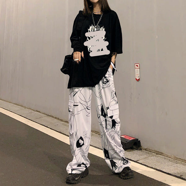 Harajuku Elastic Waist Hit Color Big Pocket Pants