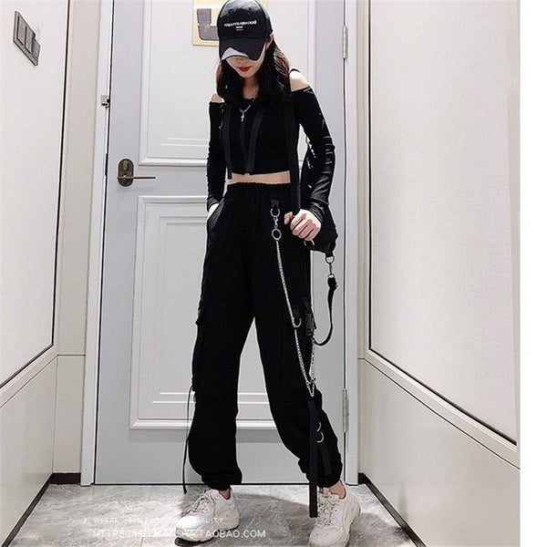 Cargo Ribbon Pocket Jogger Elastic Waist High Streetwear Pants