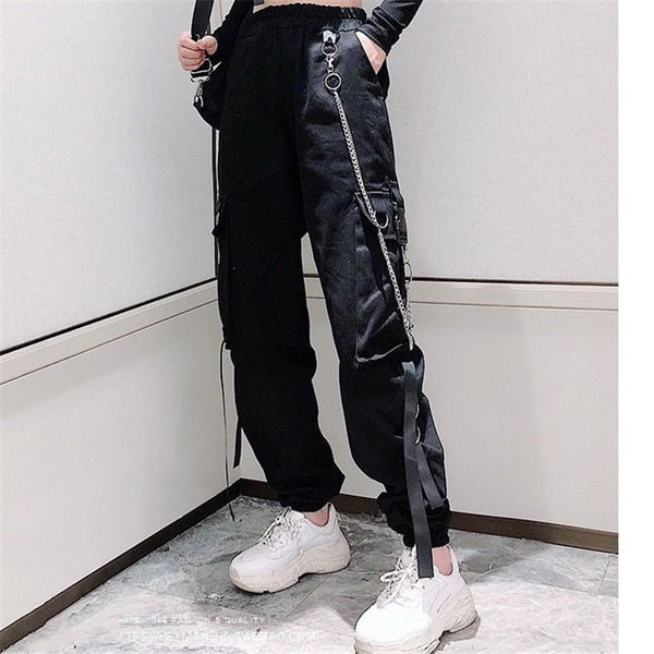 Cargo Ribbon Pocket Jogger Elastic Waist High Streetwear Pants