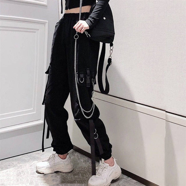 Cargo Ribbon Pocket Jogger Elastic Waist High Streetwear Pants