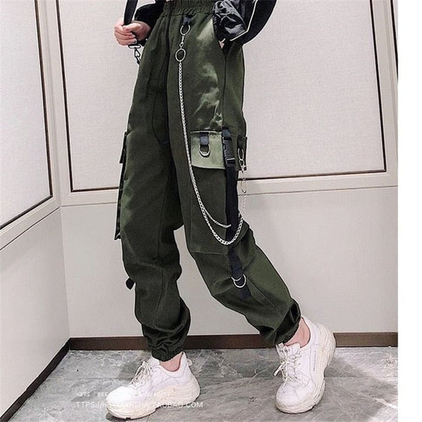 Cargo Ribbon Pocket Jogger Elastic Waist High Streetwear Pants