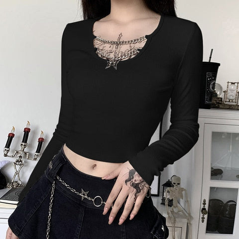 Gothic Butterfly Pendant Chain Long Sleeve Top