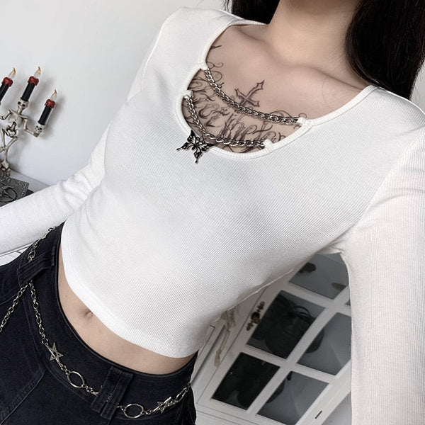 Gothic Butterfly Pendant Chain Long Sleeve Top