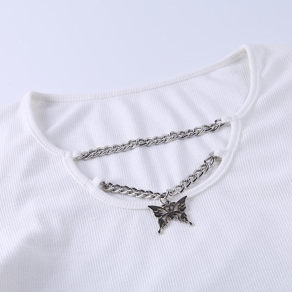 Gothic Butterfly Pendant Chain Long Sleeve Top