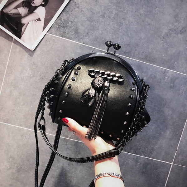 Gothic Rivet Bear Fringe Kiss Lock Chain Crossbody Bag (Available in 5 colors)