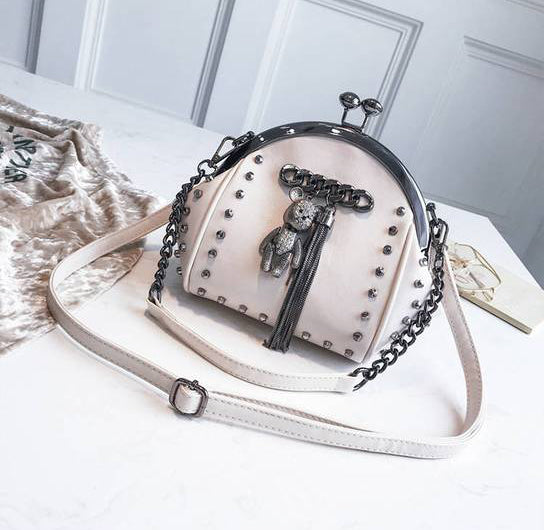 Gothic Rivet Bear Fringe Kiss Lock Chain Crossbody Bag (Available in 5 colors)