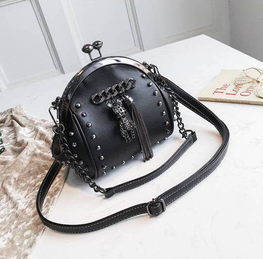 Gothic Rivet Bear Fringe Kiss Lock Chain Crossbody Bag (Available in 5 colors)