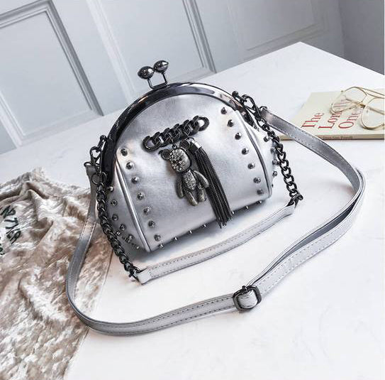 Gothic Rivet Bear Fringe Kiss Lock Chain Crossbody Bag (Available in 5 colors)