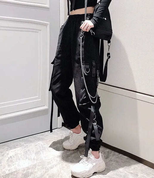 Cargo Ribbon Pocket Jogger Elastic Waist High Streetwear Pants