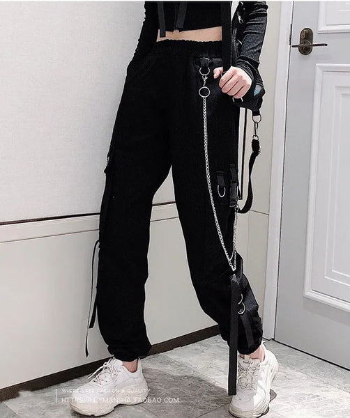 Cargo Ribbon Pocket Jogger Elastic Waist High Streetwear Pants