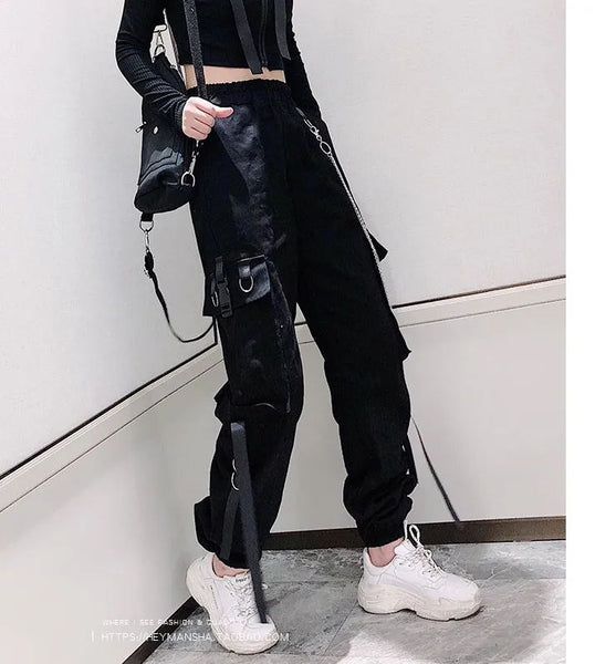 Cargo Ribbon Pocket Jogger Elastic Waist High Streetwear Pants