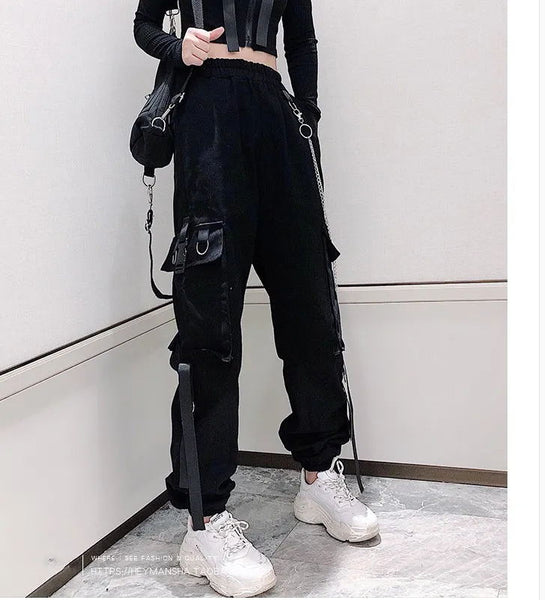 Cargo Ribbon Pocket Jogger Elastic Waist High Streetwear Pants