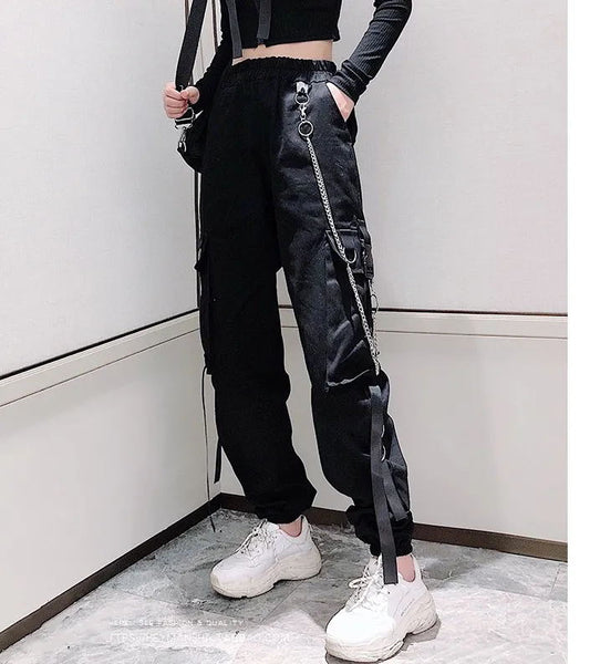 Cargo Ribbon Pocket Jogger Elastic Waist High Streetwear Pants