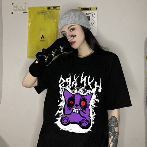 Harajuku Cartoons Print Black T-shirt