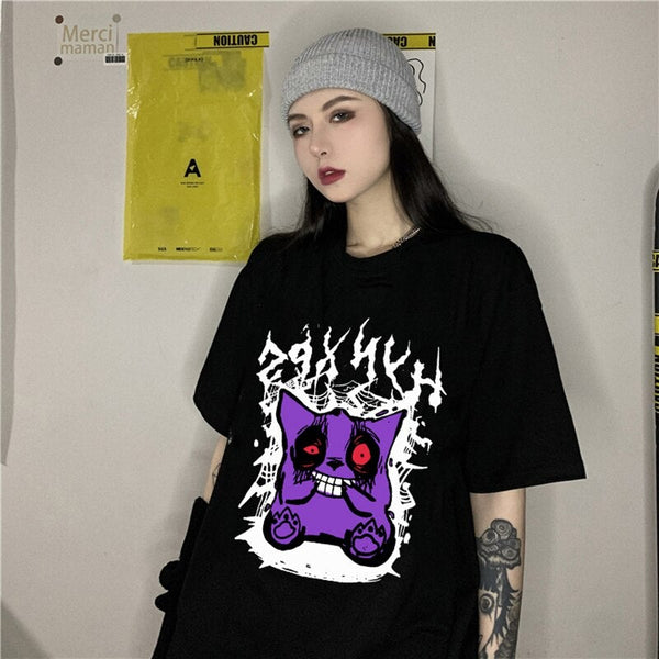 Harajuku Cartoons Print Black T-shirt