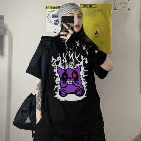 Harajuku Cartoons Print Black T-shirt