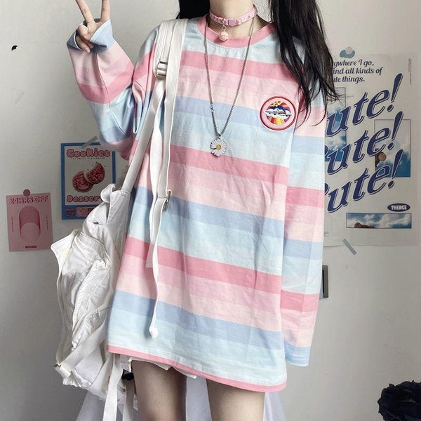 Pastel Rainbow Striped Long Sleeve Top