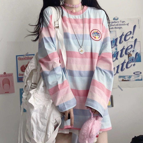 Pastel Rainbow Striped Long Sleeve Top