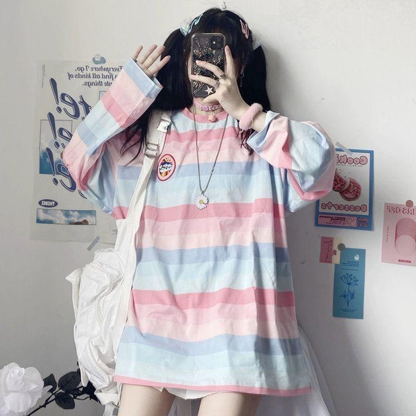 Pastel Rainbow Striped Long Sleeve Top