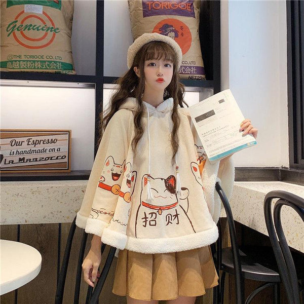 Japanese Cat Hooded Fluffy Cloak Coat