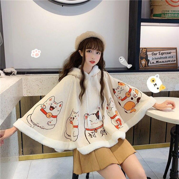 Japanese Cat Hooded Fluffy Cloak Coat