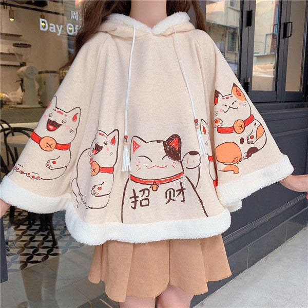 Japanese Cat Hooded Fluffy Cloak Coat