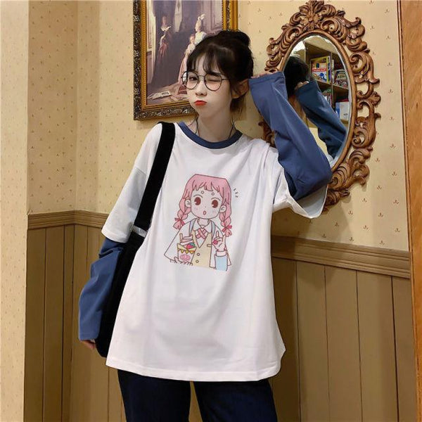 Kawaii Girl Top with Long Raglan Sleeves