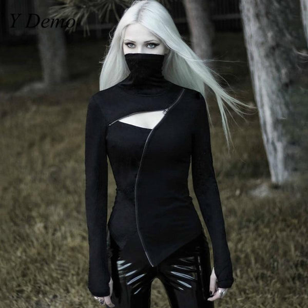 Gothic Black Slim Long Sleeve Top / Casual Zipper Open Women's Turtleneck