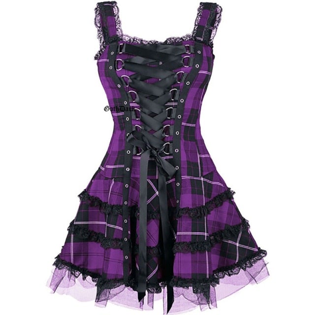 Goth Dark Plaid Bandage Gothic A-line Dress