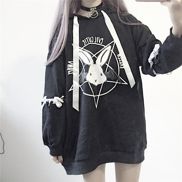 Harajuku Hoodies Autumn Women 2021 New Print Lace Up Gothic Punk Oversize Tops Long Sleeve Hooded Sweatshirt Pullover Streetwear