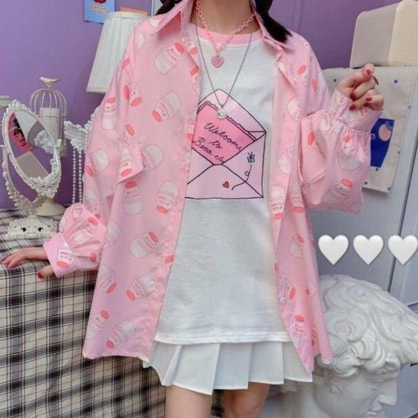 Strawberry Milk Print Button Up Long Sleeve Shirt