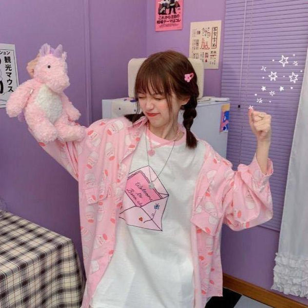 Strawberry Milk Print Button Up Long Sleeve Shirt