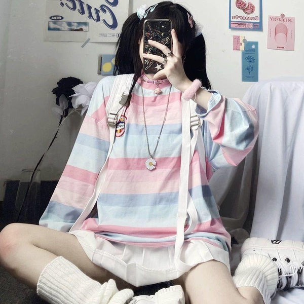 Pastel Rainbow Striped Long Sleeve Top