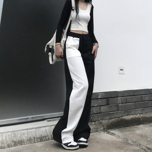 Gothic Streetwear Black White Patchwork Wide Leg Pants