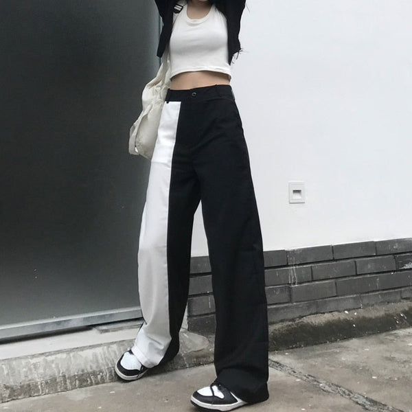 Gothic Streetwear Black White Patchwork Wide Leg Pants