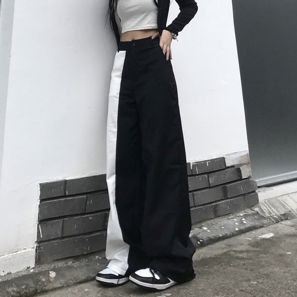 Gothic Streetwear Black White Patchwork Wide Leg Pants