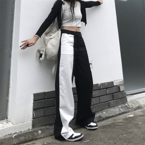 Gothic Streetwear Black White Patchwork Wide Leg Pants