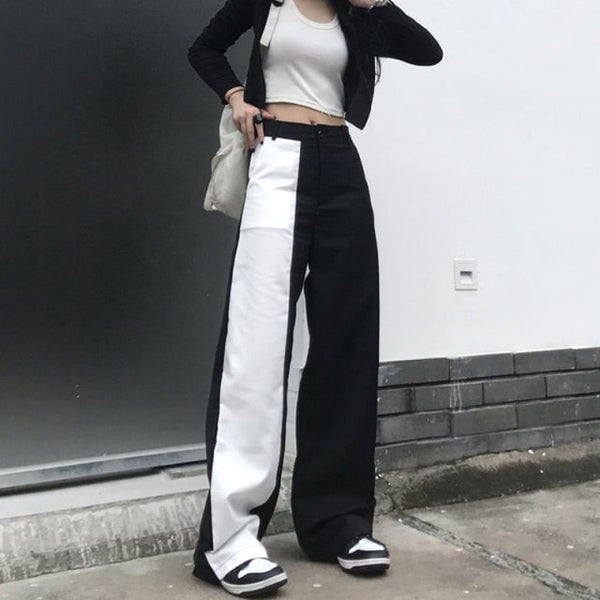 Gothic Streetwear Black White Patchwork Wide Leg Pants