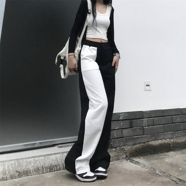 Gothic Streetwear Black White Patchwork Wide Leg Pants